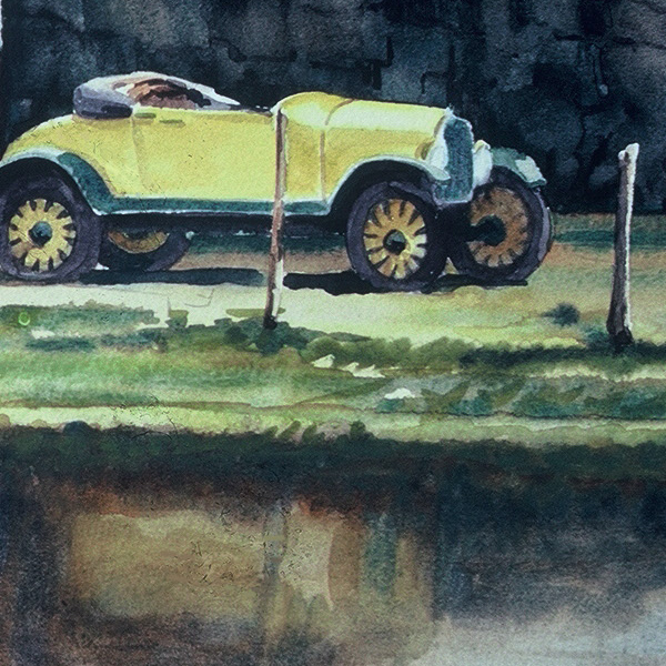 Detail of CLASSIC CAR watercolor landscape by Thomas A Needham