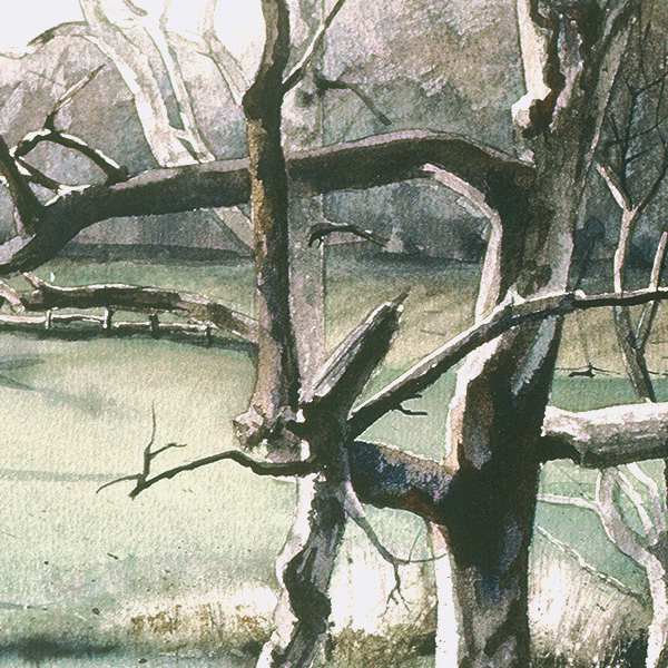 Detail of EASTER TREES watercolor landscape by Thomas A Needham