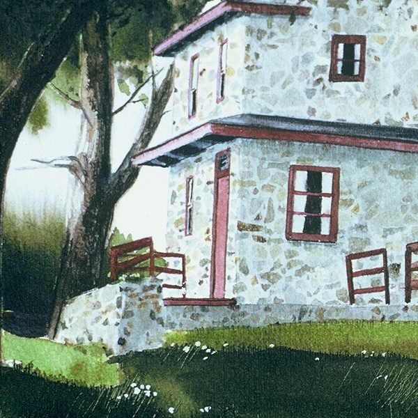 Detail of LAFAYETTE SLEPT HERE watercolor landscape by Thomas A Needham