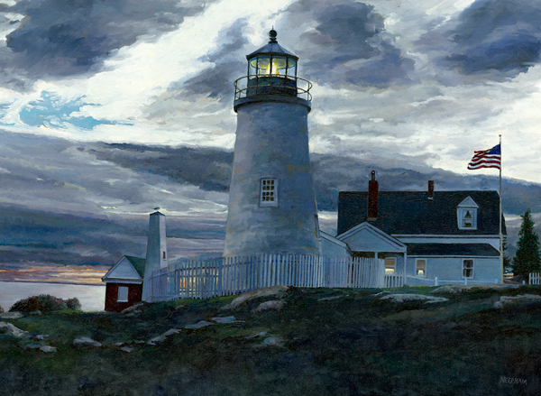 LAST LIGHT AT PEMAQUID Lighthouse watercolor by Thomas A Needham