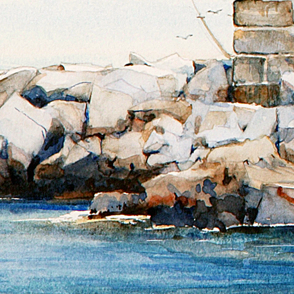 Detail of Latimer Reef Lighthouse watercolor by Thomas A Needham