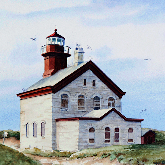 Detail of North Block Island lighthouse watercolor by Thomas A Needham