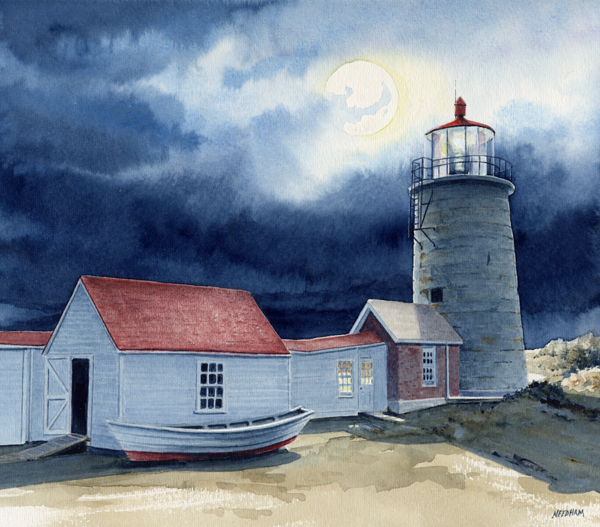 NITE LIGHT, Lighthouse watercolor by Thomas A Needham