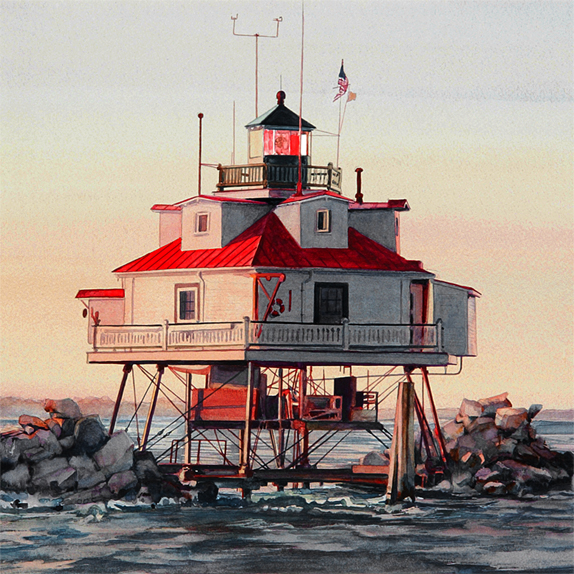 Detail of Thomas Point Lighthouse Watercolor by Thomas A Needham