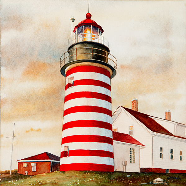 West Quoddy Head Lighthouse watercolor by Thomas A Needham