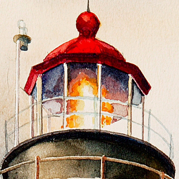 Detail of West Quoddy Head Lighthouse watercolor by Thomas A Needham