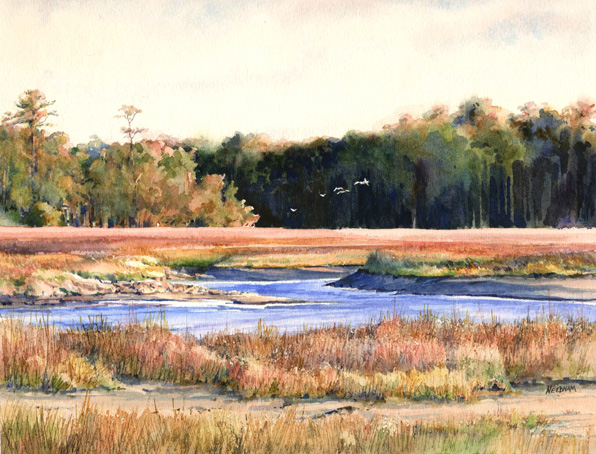 AFTERNOON MARSH, seascape watercolor by Thomas A Needham