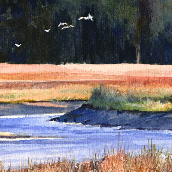 AFTERNOON MARSH, detail of a seascape watercolor by Thomas A Needham
