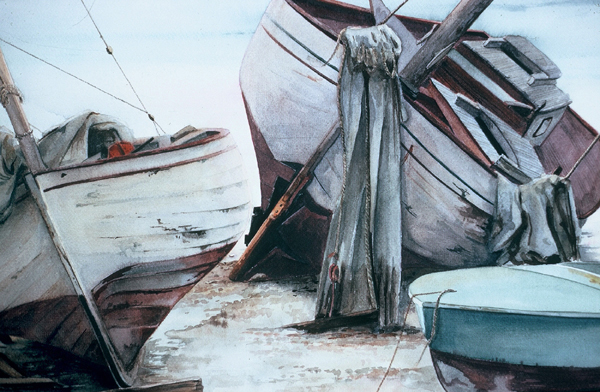 BEACHED BOATS, landscape watercolor by Thomas A Needham