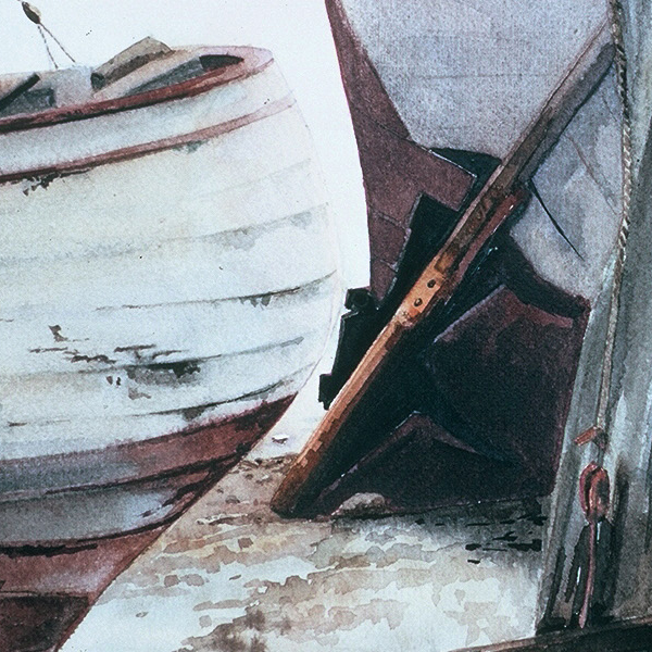 Detail of BEACHED BOATS watercolor landscape by Thomas A Needham