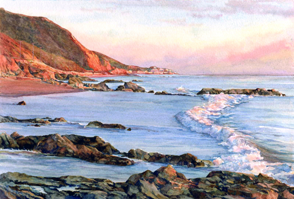 EVENING GOLD, seascape watercolor by Thomas A Needham