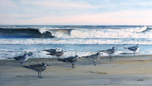 GULLS ON BREAK, seascape watercolor by Thomas A Needham
