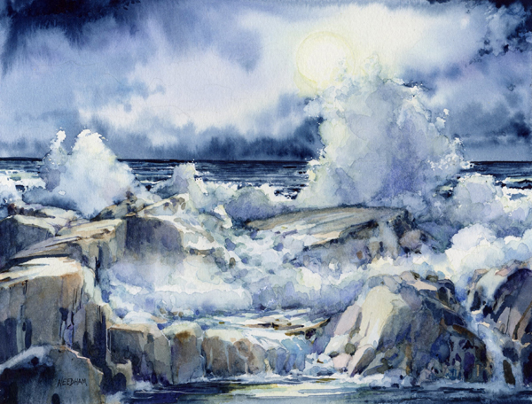 Detail of MOON AND SEA watercolor seascape by Thomas A Needham