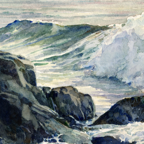SEA AND SURF, detail of a seascape watercolor by Thomas A Needham