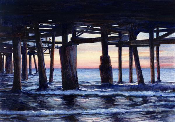 UNDER REDONDO BEACH PIER, seascape watercolor by Thomas A Needham