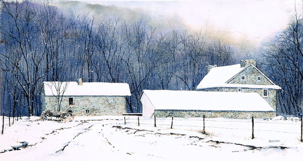 CHADDS FORD SNOW, snowscape watercolor by Thomas A Needham