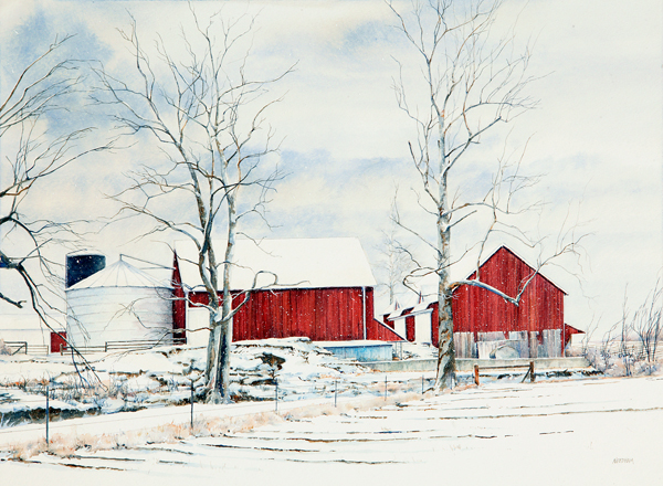 CHARLIE'S BARNS, watercolor landscape by Thomas A Needham