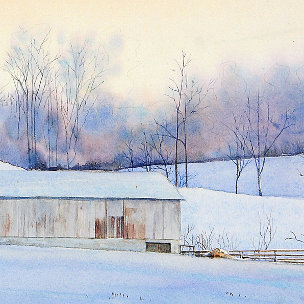 FROSTY MORNING, detail of watercolor landscape by Thomas A Needham
