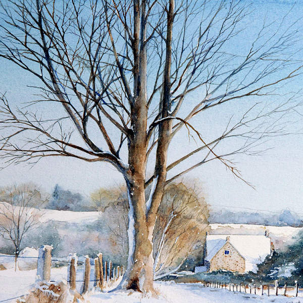 Detail of ENGLISH SNOW watercolor landscape by Thomas A Needham
