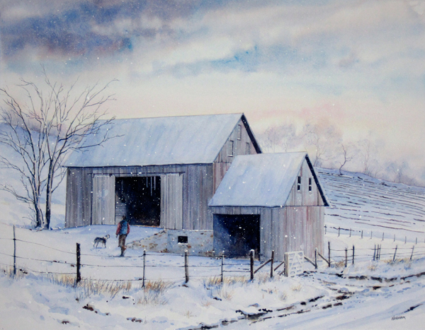 MORNING WALK, winter watercolor by Thomas A Needham