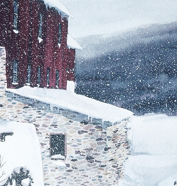 Detail of RED MILL watercolor snowscape by Thomas A Needham
