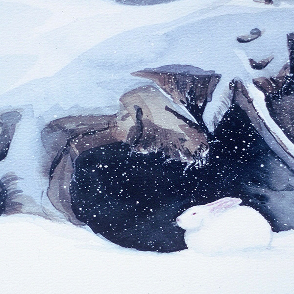 Detail of SNOW BUNNY watercolor landscape by Thomas A Needham