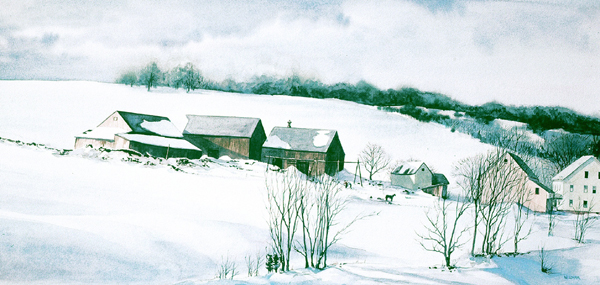 VERMONT FARM, snowscape watercolor by Thomas A Needham