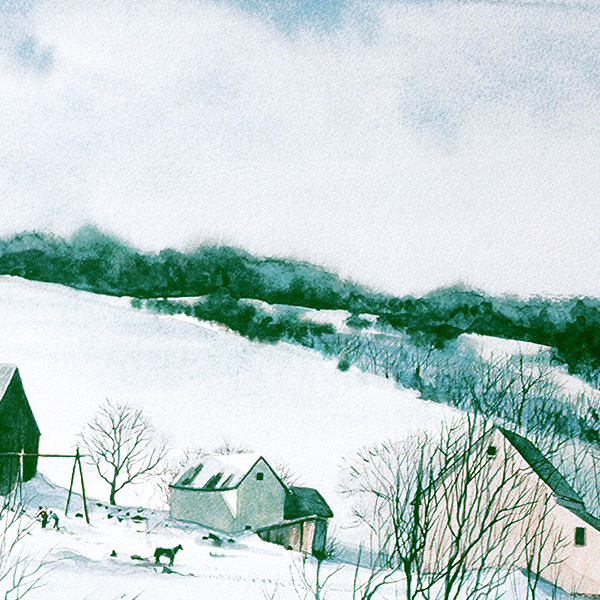 Detail of VERMONT FARM watercolor snowscape by Thomas A Needham