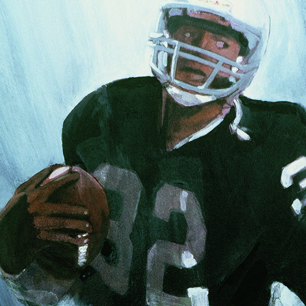 Detail of BREAKAWAY, acrylic sports painting by Thomas A Needham