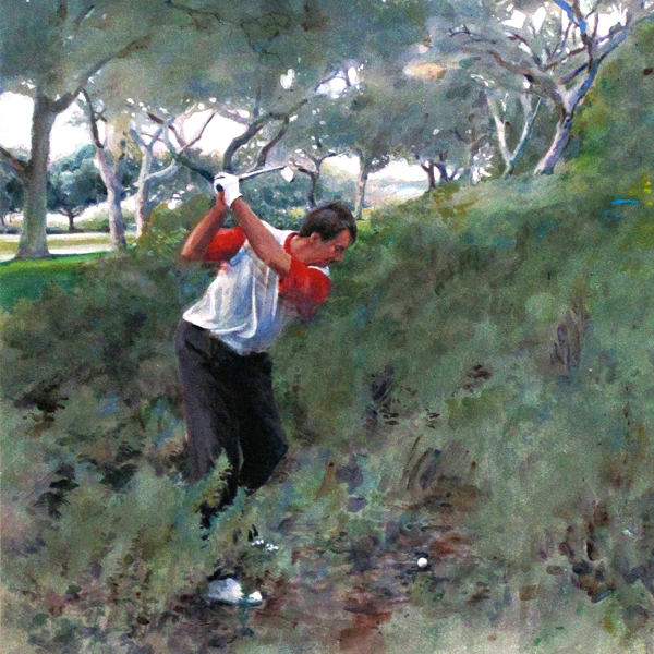 IN THE ROUGH, AGAIN, acrylic sports painting by Thomas A Needham