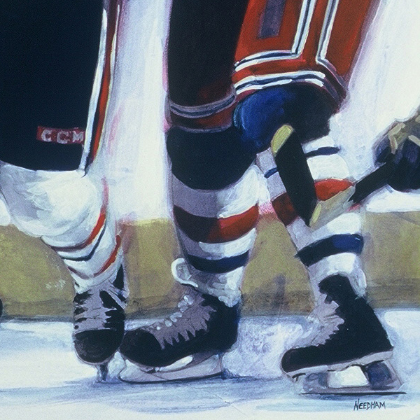 Detail of LOOSE PUCK, acrylic sports painting by Thomas A Needham