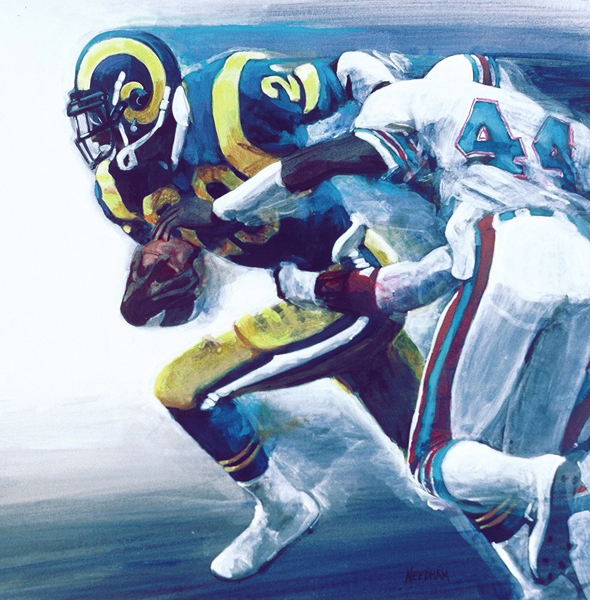RUSHING TO A RECORD, acrylic sports painting by Thomas A Needham