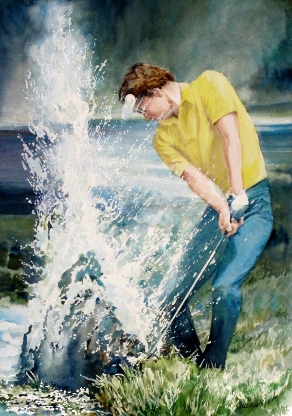 SAVING PAR, watercolor sports painting by Thomas A Needham